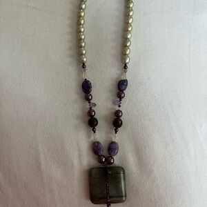 Cream and Purple Beaded Necklace with Pendant